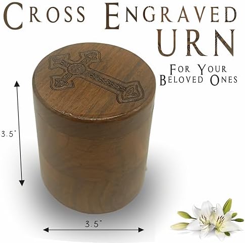 Wooden Urn for Human Ashes Round Shape with Cross Engraving
