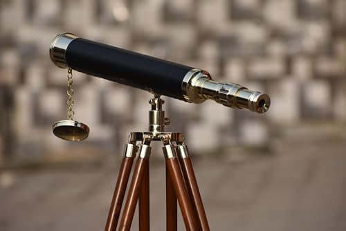 Shiny Brass Telescope with Leather Wrap and Wooden Tripod Stand 18 Inch
