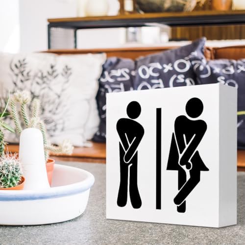 Funny Restroom Toilet Male Female Wood Block Sign Decor