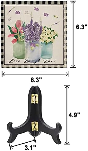 Decorative Table Plaque with Wooden Stand Floral Design Ceramics Desk Sign for Home Office