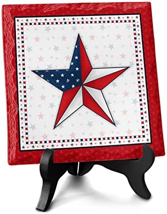 Independence Day Stars Desk Decor Ceramic Plaque with Wooden Stand