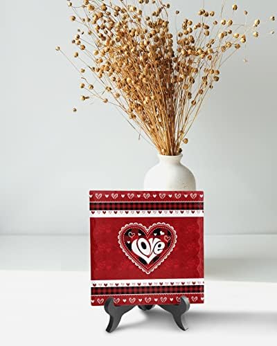 Red Valentine Plaid Desk Decor with Wooden Stand