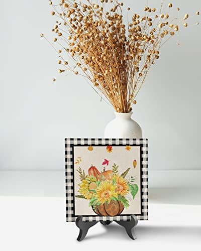 Wooden Stand Desk Decor with Ceramic Plaque Fall Design