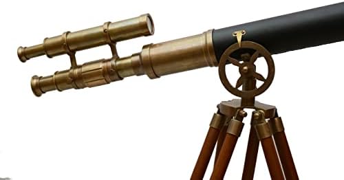 Double Barrel Vintage Nautical Brass Telescope with Wooden Tripod Stand