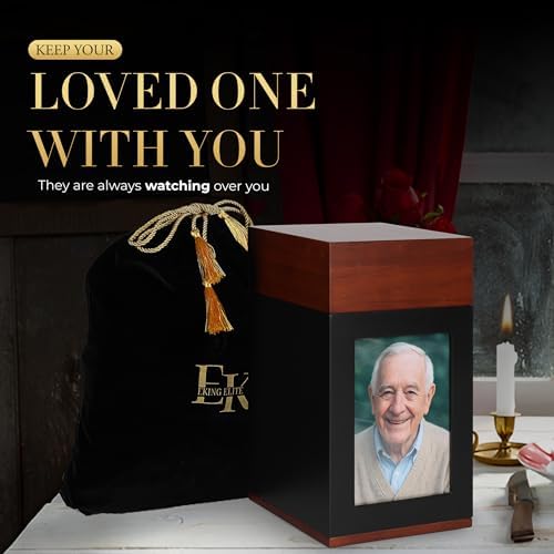 EKING ELITE Wooden Urn for Human Ashes - Handcrafted Memorial Box with Photo Frame - Large Capacity 270 lbs Urn