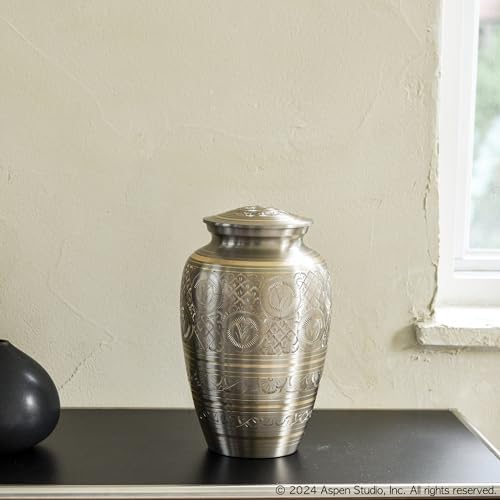 AspenStudio Platinum Brass Cremation Urn for Adult Human Ashes - Large Handcrafted Urn