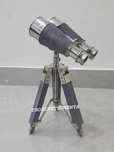 Vintage Nautical Chrome Binocular with Grey Leather Tripod Decor