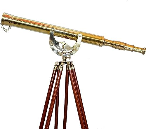 Vintage Handmade Brass Telescope with Wooden Tripod Stand