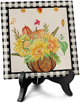Wooden Stand Desk Decor with Ceramic Plaque Fall Design