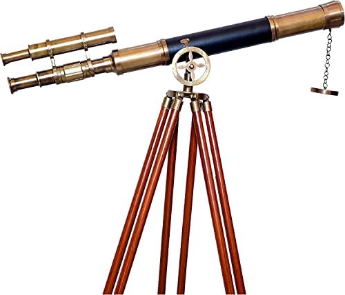 Vintage Antique Brass Telescope with Brown Wooden Tripod