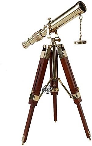 Vintage Marine Shiny Brass Telescope with Brown Wooden Tripod Stand
