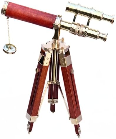 Vintage Double Barrel Brass Telescope with Wooden Tripod