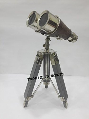 Vintage Nautical Chrome Binocular with Grey Leather Tripod Decor
