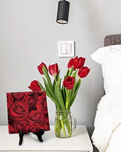 LEOSUCRE Red Flower Desk Decor Plaque with Wooden Stand