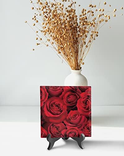 LEOSUCRE Red Flower Desk Decor Plaque with Wooden Stand