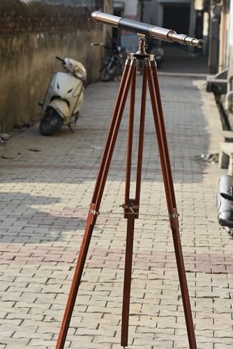 Antique Telescope with Black Leather and Wooden Stand