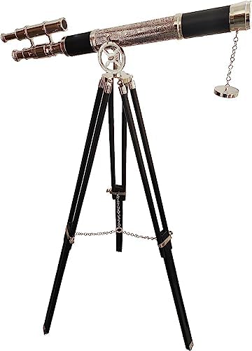 Vintage Look Double Barrel Brass Telescope with Wooden Tripod Stand
