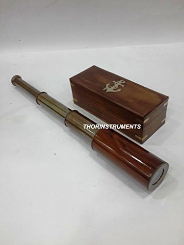 Nautical Antique Brass Brown Wood Telescope 14 with Wooden Box