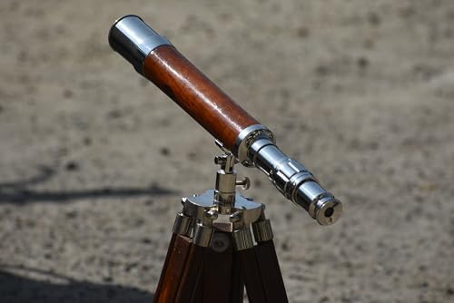 Brass Antique Telescope with Leather Wrap and Wooden Tripod Stand