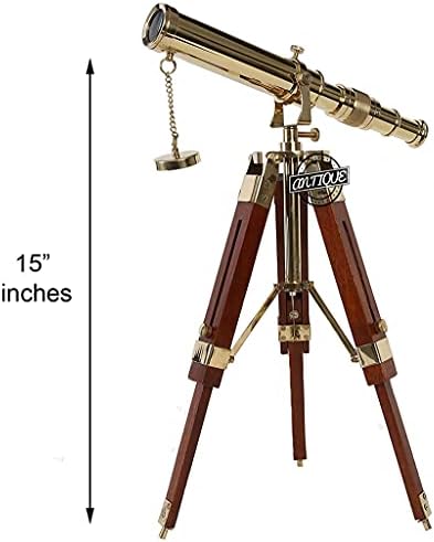 Vintage Marine Shiny Brass Telescope with Brown Wooden Tripod Stand