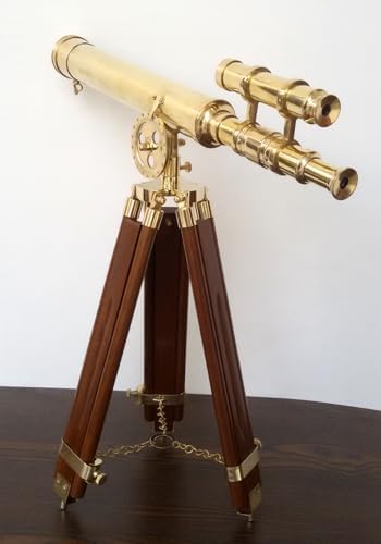 Brass Antique Double Barrel Telescope with Wooden Tripod Stand