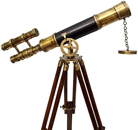 Antique Brass Telescope with Wooden Stand and Leather Sheath