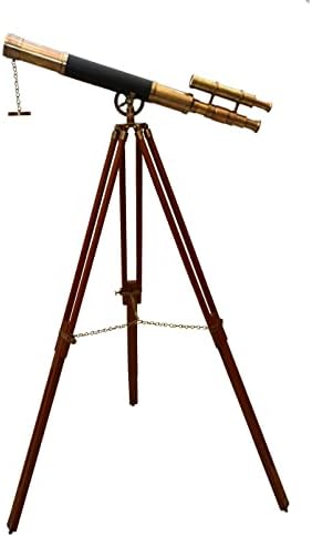 Double Barrel Vintage Nautical Brass Telescope with Wooden Tripod Stand