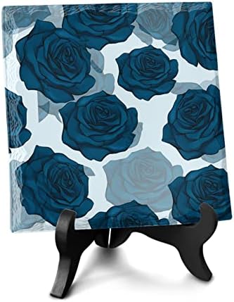 Blue Rose Decorative Desk Plaque with Wooden Stand