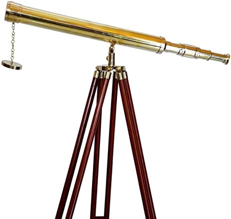 Antiqueex Shiny Brass Telescope with Wooden Tripod Stand