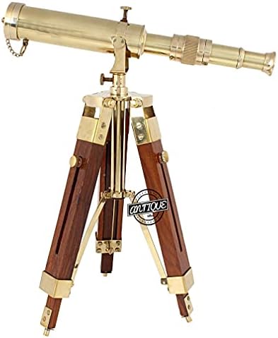 Vintage Marine Shiny Brass Telescope with Brown Wooden Tripod Stand