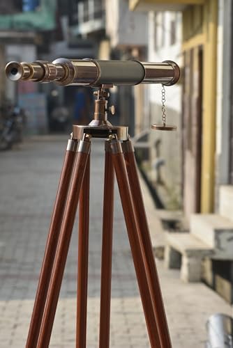 Antique Telescope with Black Leather and Wooden Stand