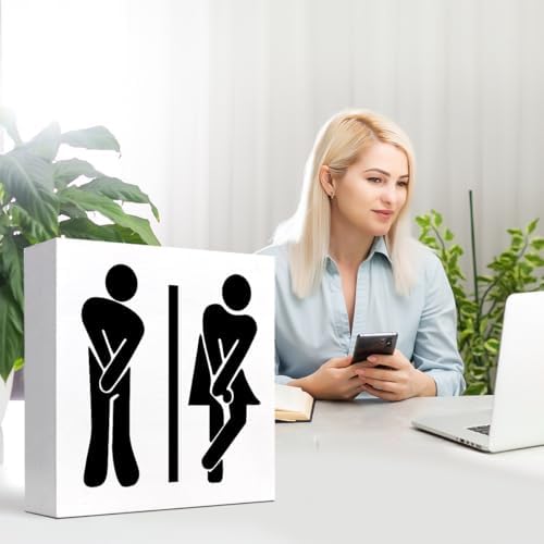 Funny Restroom Toilet Male Female Wood Block Sign Decor