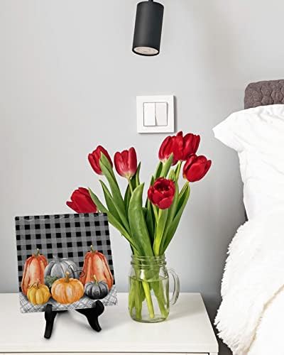 Wooden Stand Desk Decor with Ceramic Plaque Farmhouse Style Autumn Pumpkin Sign