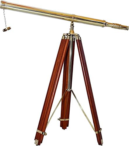 Nautical Floor Standing Brass Telescope With Brown Wooden Tripod Stand