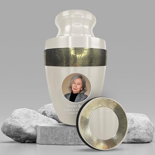 Personalized Adult Cremation Urn with Photo and Engraved Name Date Elite Series Gold Rim 200 Lbs Capacity White