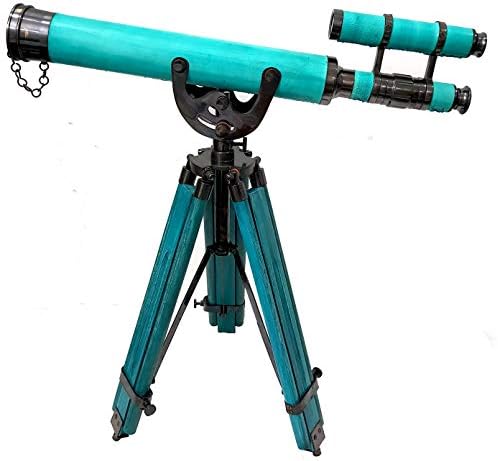 Brass Nautical Double Barrel Green Tripod Telescope for Home Decor