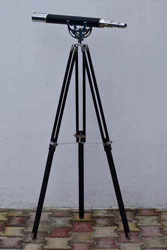Nickel Black Leather Telescope with Vintage Brass and Wooden Stand