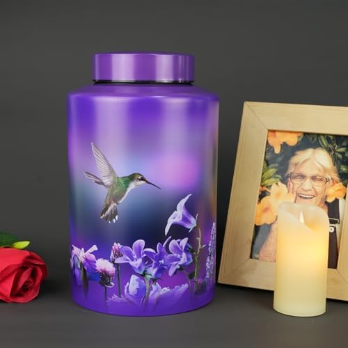 Large Cremation Urns for Human Ashes Hummingbird Decorative Purple Urn with Velvet Bag