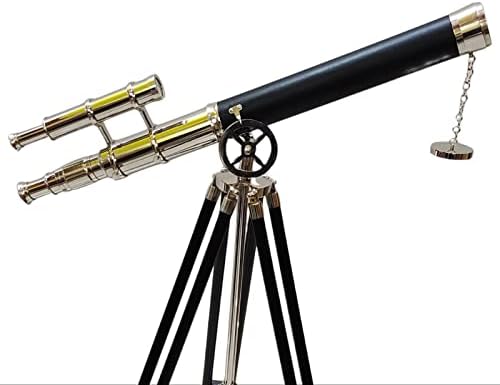 Nautical Brass Nickel Double Barrel Telescope with Black Wooden Tripod
