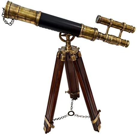 Antique Brass Telescope with Wooden Stand and Leather Sheath