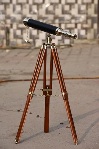 Shiny Brass Telescope with Leather Wrap and Wooden Tripod Stand 18 Inch