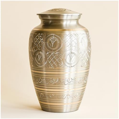AspenStudio Platinum Brass Cremation Urn for Adult Human Ashes - Large Handcrafted Urn