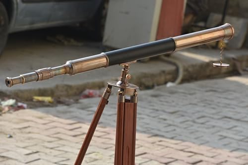 Antique Telescope with Black Leather and Wooden Stand