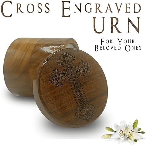 Wooden Urn for Human Ashes Round Shape with Cross Engraving