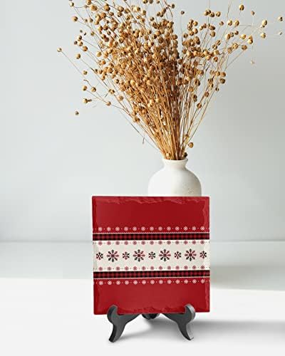 Red Christmas Snowflake Ceramic Desk Sign with Wooden Stand