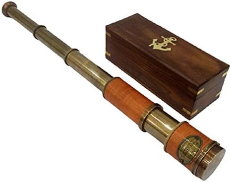 Royal Navy Antique Telescope with Red Leather and Wooden Box
