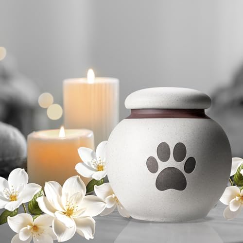 Small Pet Urn for Ashes - Gray White Ceramic Paw Design Keepsake