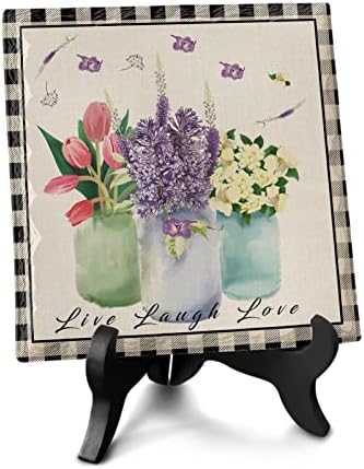 Decorative Table Plaque with Wooden Stand Floral Design Ceramics Desk Sign for Home Office