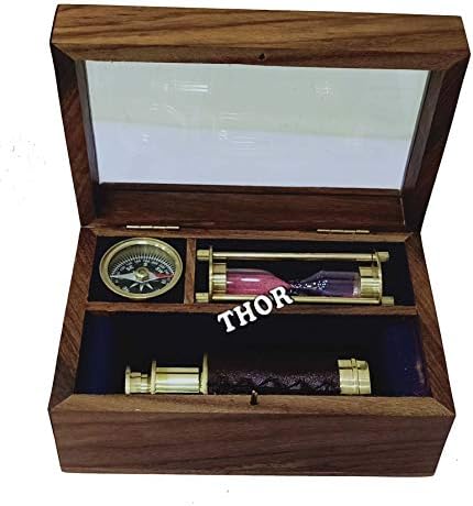 THOR INSTRUMENTS Gift Box Nautical Pirate Telescope Compass Sand Timer