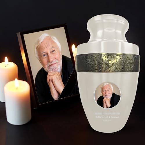 Personalized Adult Cremation Urn with Photo and Engraved Name Date Elite Series Gold Rim 200 Lbs Capacity White